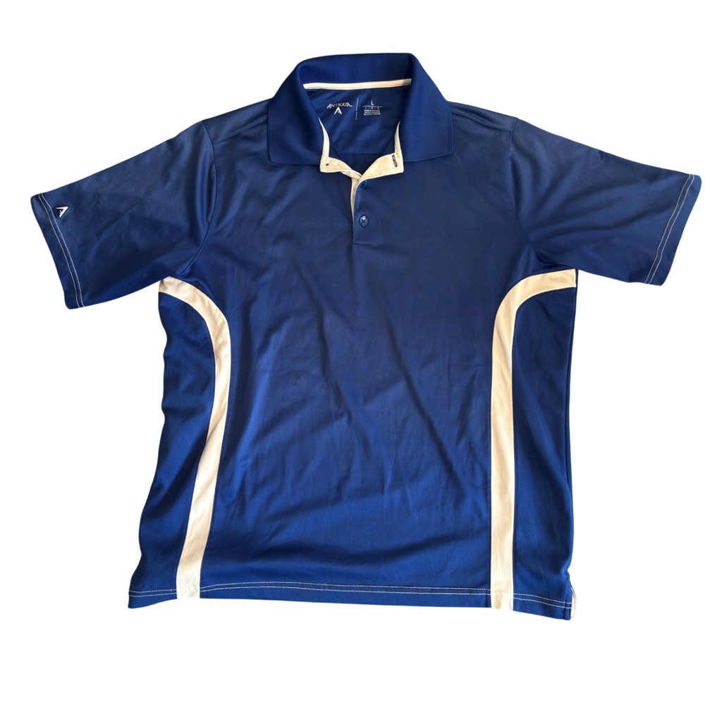 Antigua Desert Dry Mens Large Polo Shirt Royal Blue White Colorblock Golf‎ Top